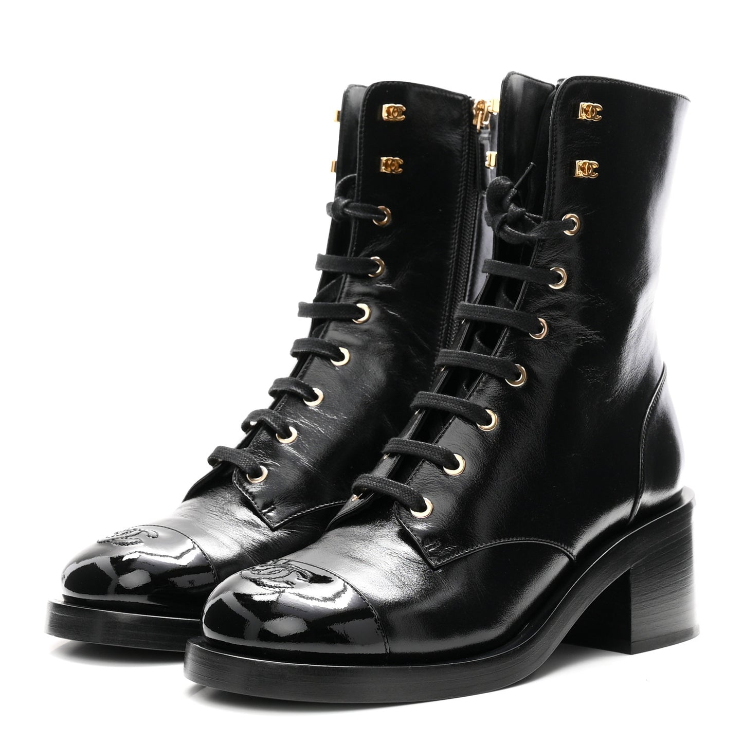 Shiny Calfskin Patent Cap Toe Lace Up Combat Boots 40 Black