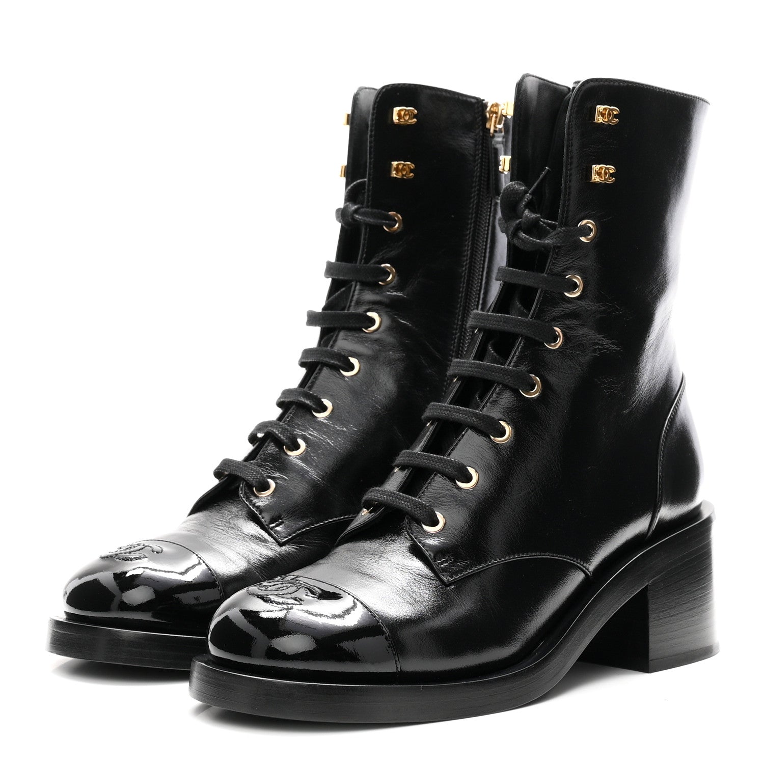 Chanel Shiny Calfskin Patent Cap Toe Lace Up Combat Boots 40 Black 4 of 10