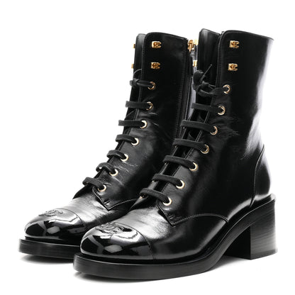 Chanel Shiny Calfskin Patent Cap Toe Lace Up Combat Boots 40 Black 4 of 10