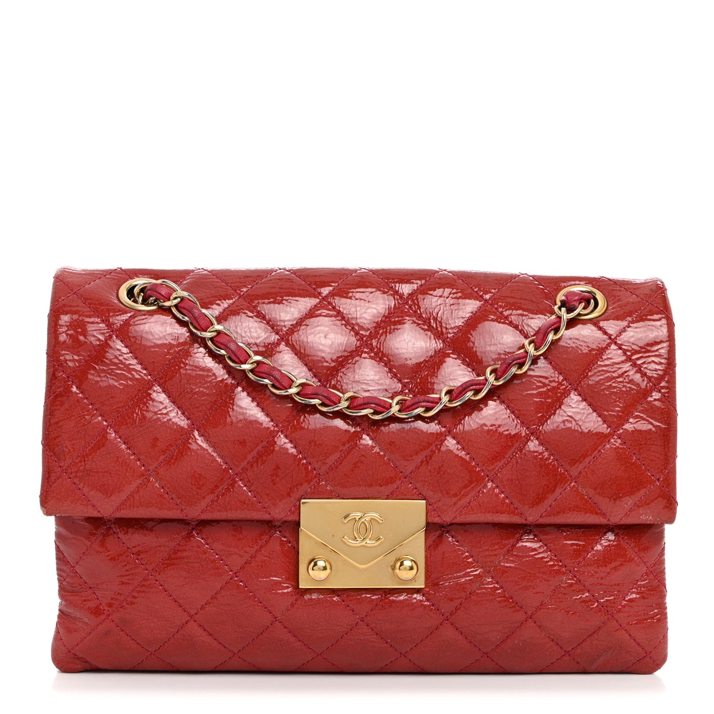 Patent Goatskin Quilted Small 3 Pocket Accordion Flap Red