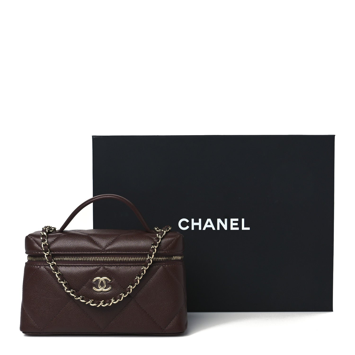 Chanel Caviar Quilted Top Handle Slim Vanity With Chain Dark Brown