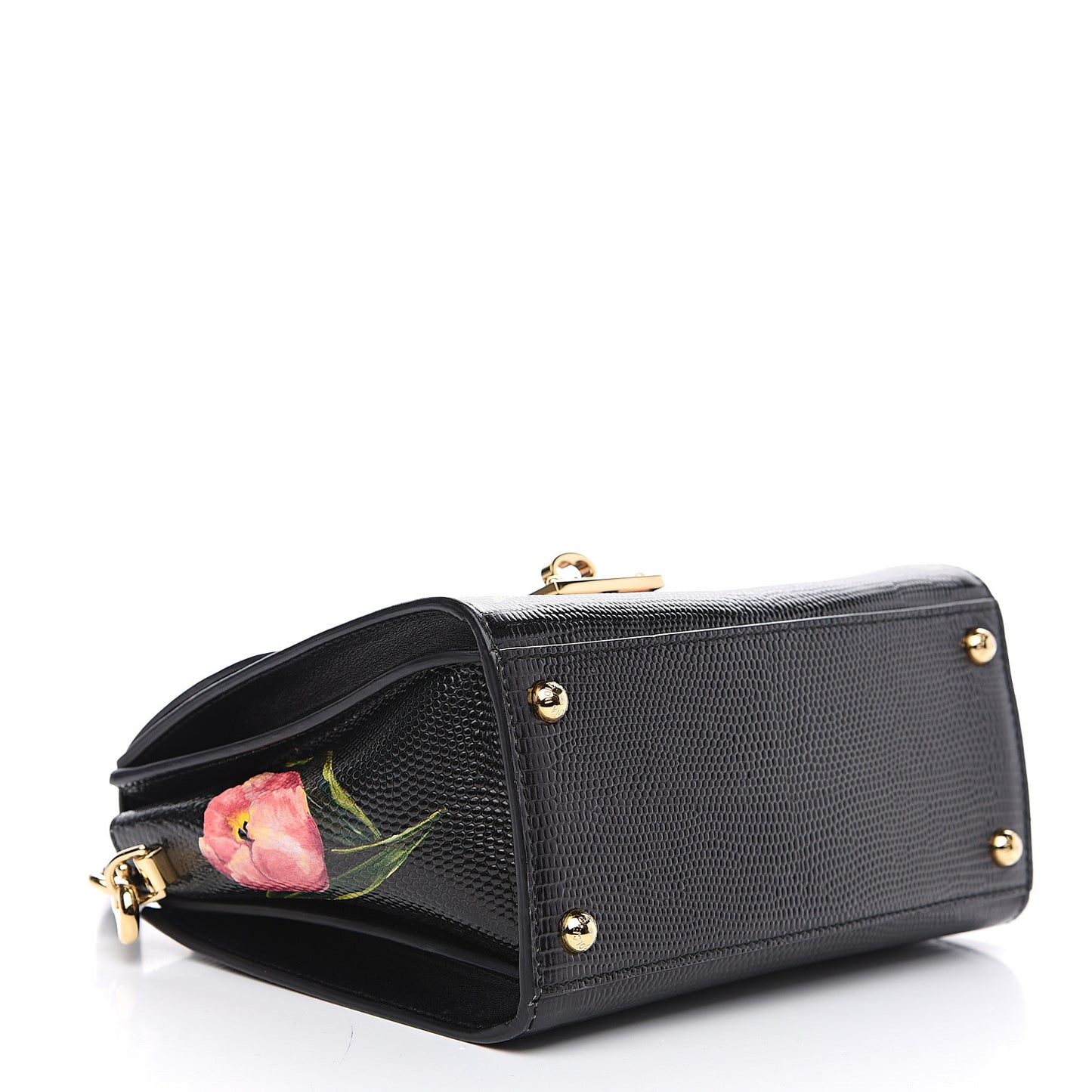Iguana Calfskin Embossed Tulipani Mini Top Handle Bag Black Rosa