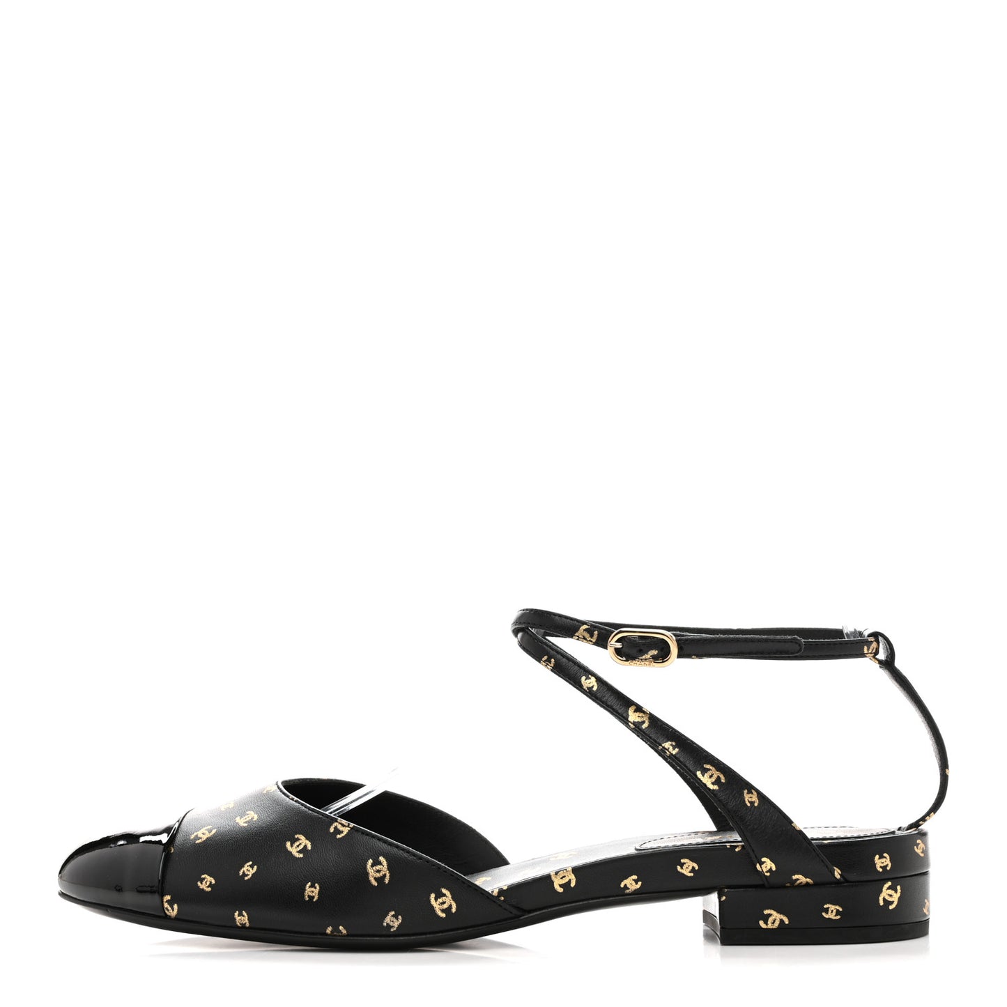 Printed Lambskin Patent Calfskin CC Slingback Flats 38.5 Black Gold