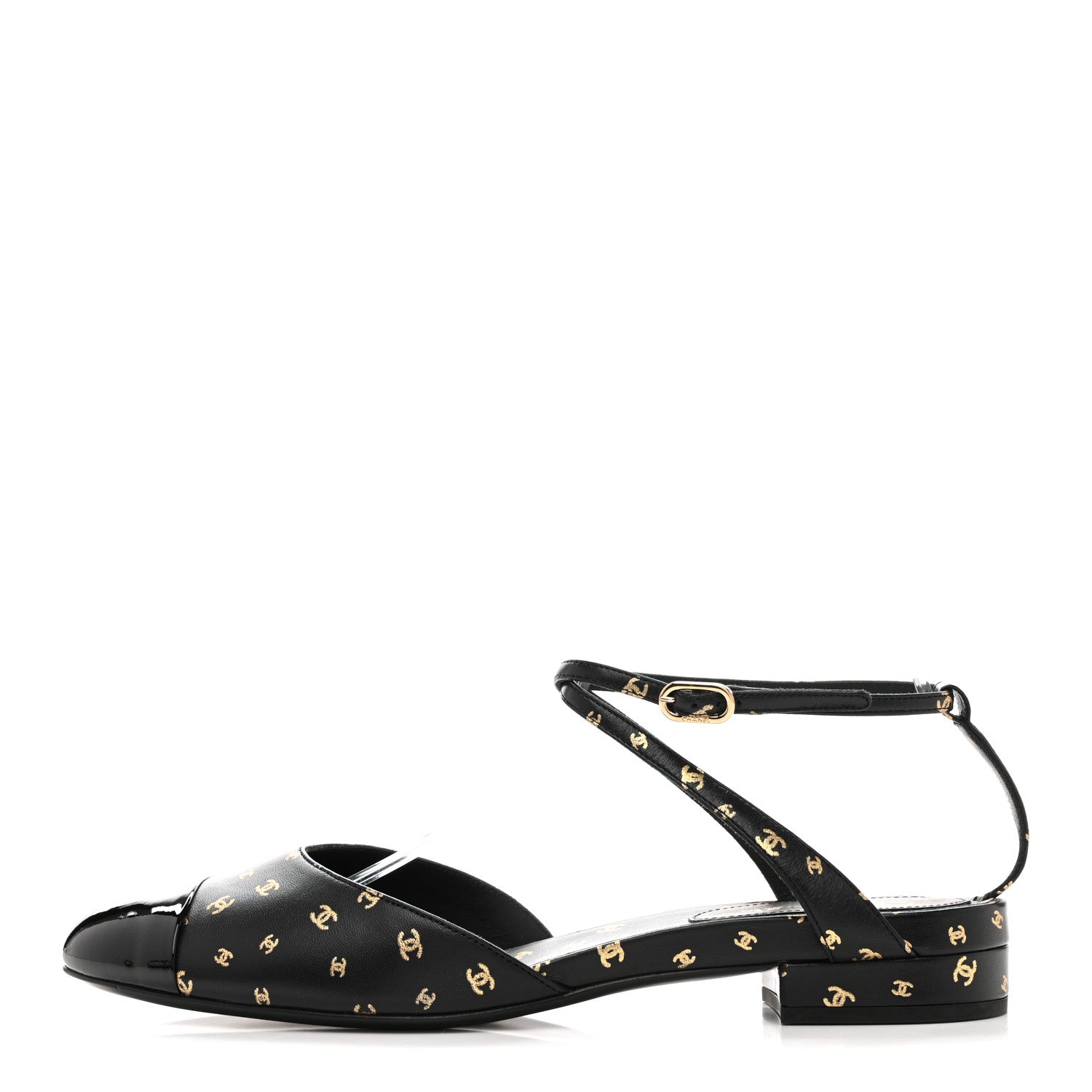 Chanel Printed Lambskin Patent Calfskin CC Slingback Flats 38.5 Black Gold 1 of 10