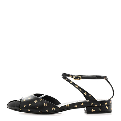 Chanel Printed Lambskin Patent Calfskin CC Slingback Flats 38.5 Black Gold 1 of 10