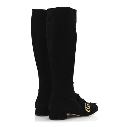 Gucci Kid Scamosciato GG Marmont Fringe Knee High Boots 39.5 Black 5 of 13