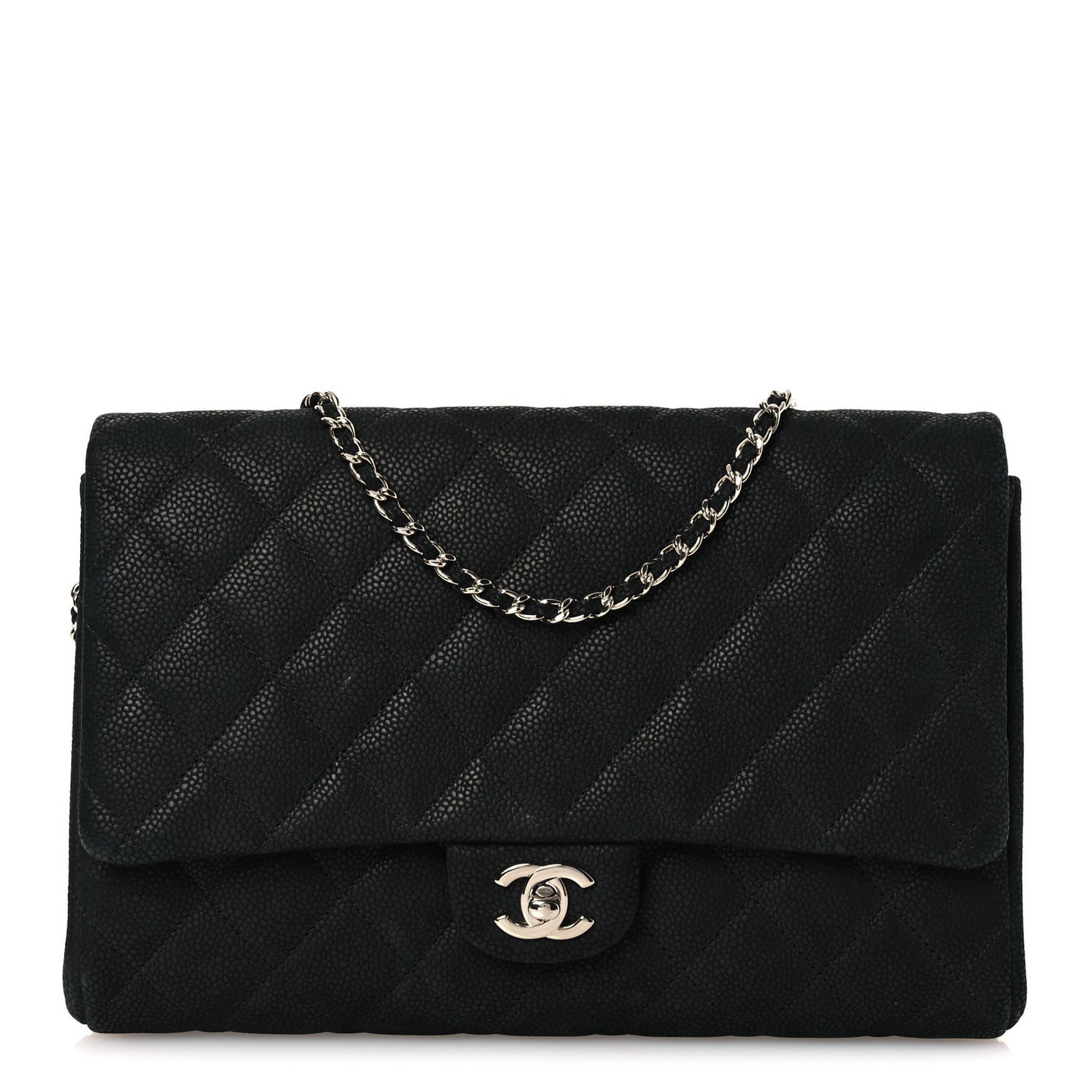 Iridescent Caviar Quilted Clutch With Chain Flap Black