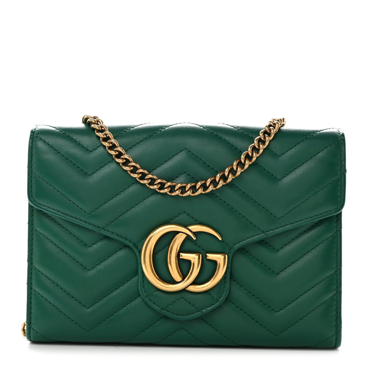 Calfskin Matelasse GG Marmont Chain Wallet Emerald Green