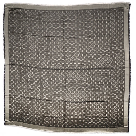 Wool Silk Monogram Denim Shawl Black