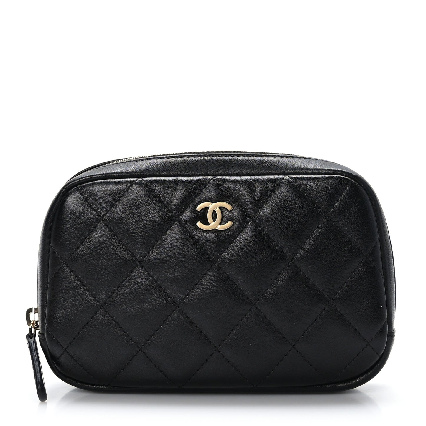Lambskin Quilted Small Curvy Pouch Cosmetic Case Black