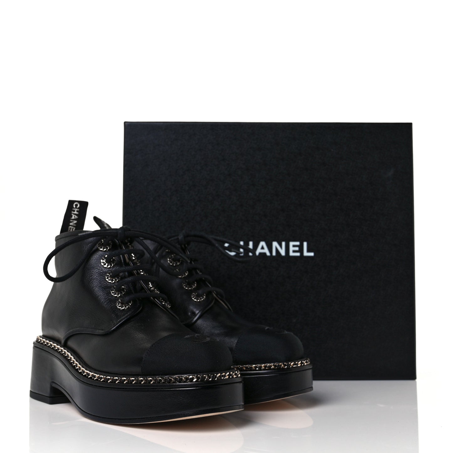 Calfskin Grosgrain Chain Lace Up CC Short Boots 37 Black