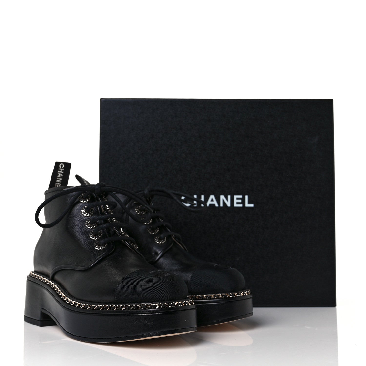 Chanel Calfskin Grosgrain Chain Lace Up CC Short Boots 37 Black 7 of 7