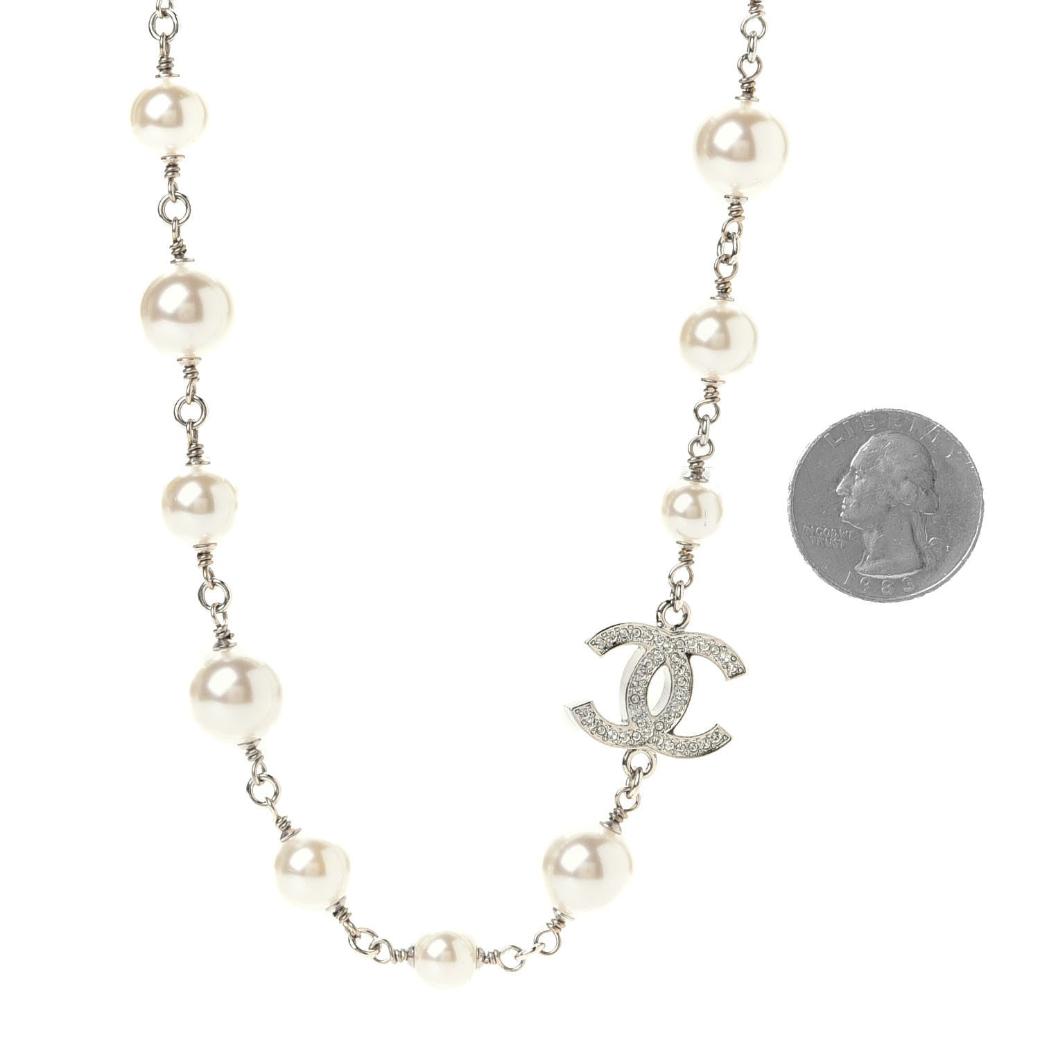 Chanel Crystal Pearl CC Long Necklace Silver 3 of 5
