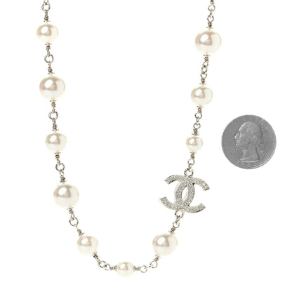 Chanel Crystal Pearl CC Long Necklace Silver 3 of 5