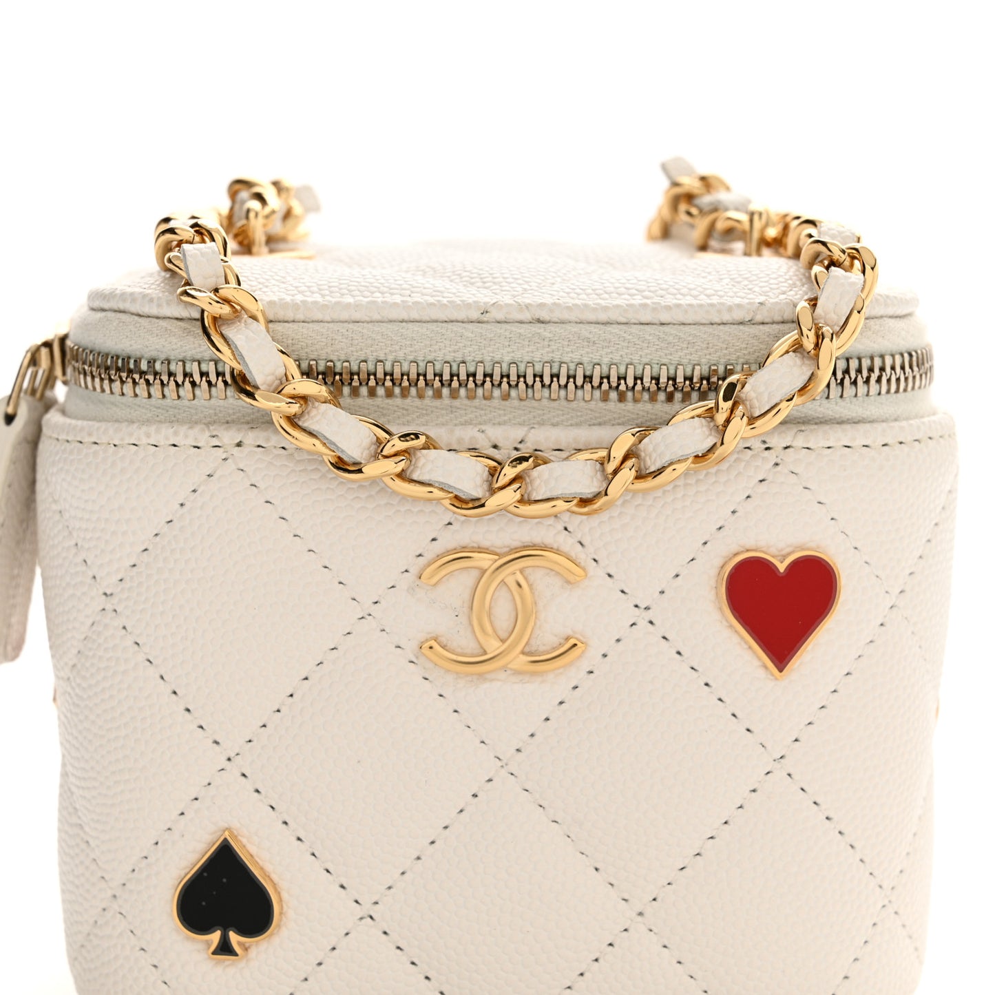 Caviar Quilted Enamel Coco Casino Mini Vanity Case With Chain White