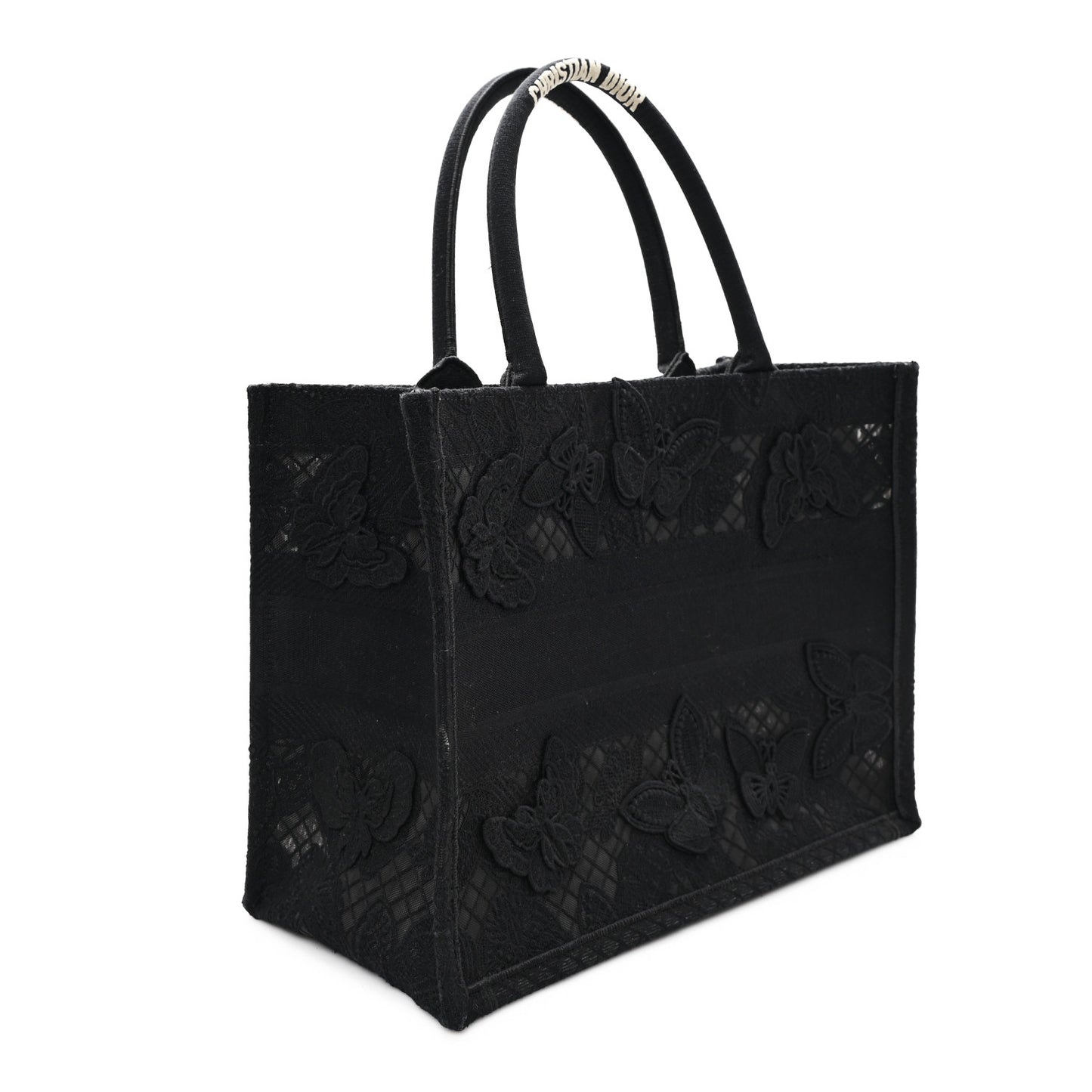 Embroidered 3D Macrame D-Lace Butterfly Medium Book Tote Black Multicolor