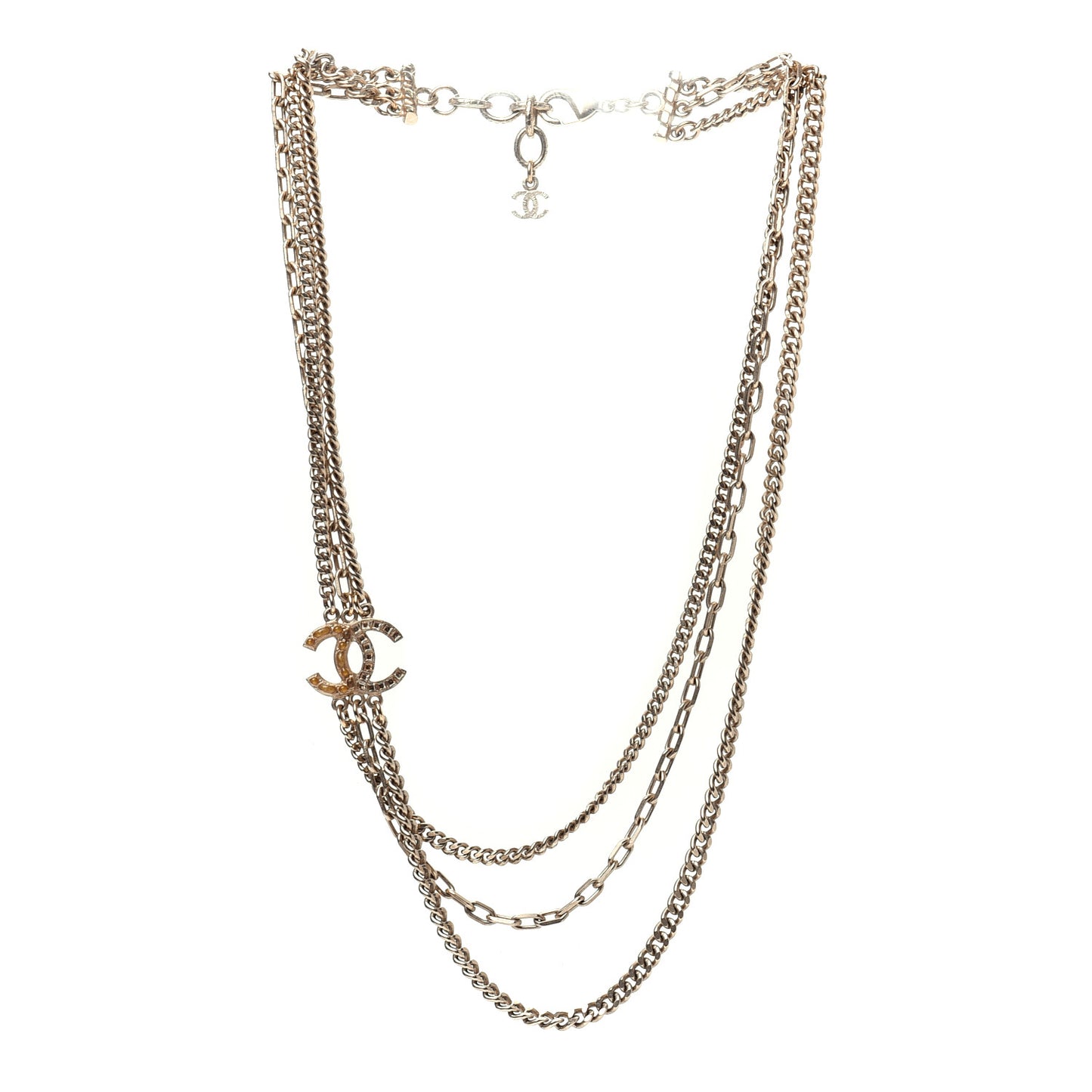 Baguette Crystal Gripoix Poured Glass CC Multi Strand Chain Necklace Light Gold