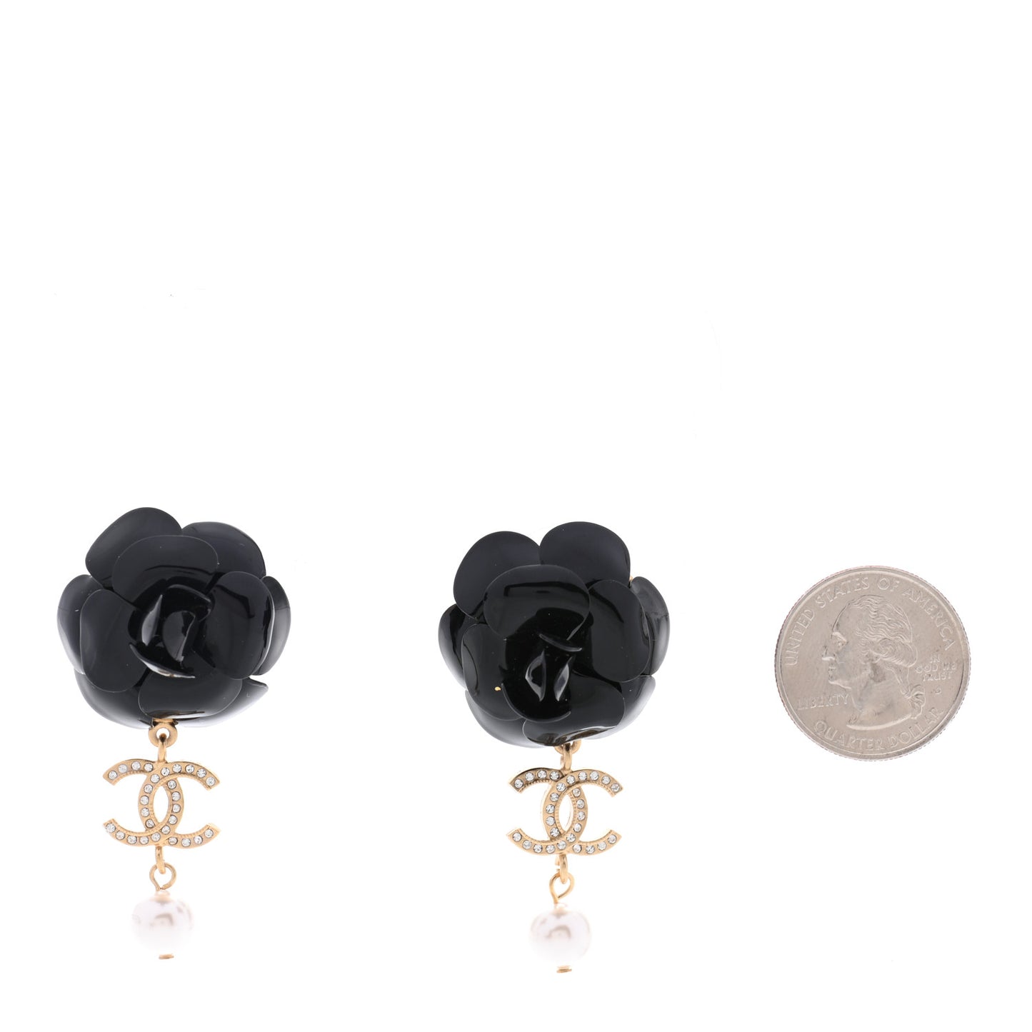 Enamel Crystal Pearl CC Camellia Drop Earrings Black Gold