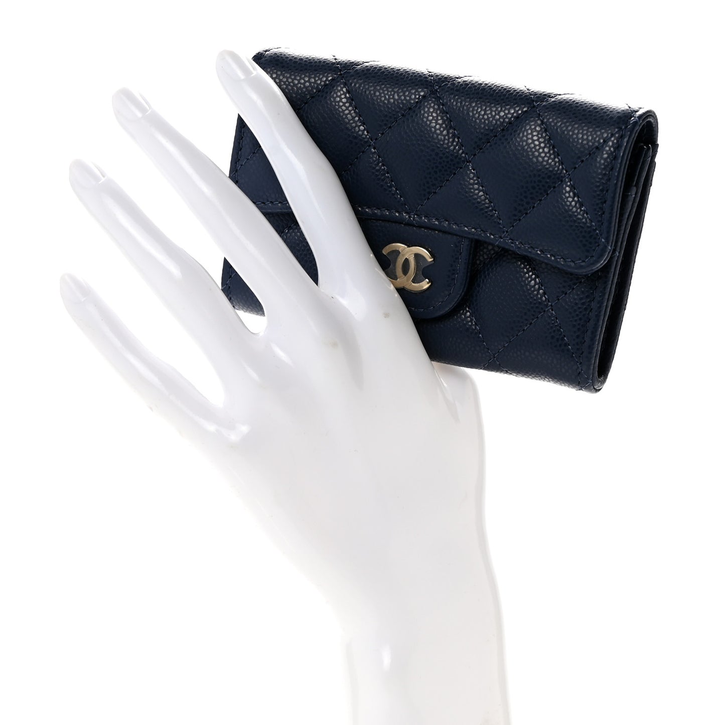 Caviar Quilted Flap Card Holder Wallet Navy Blue