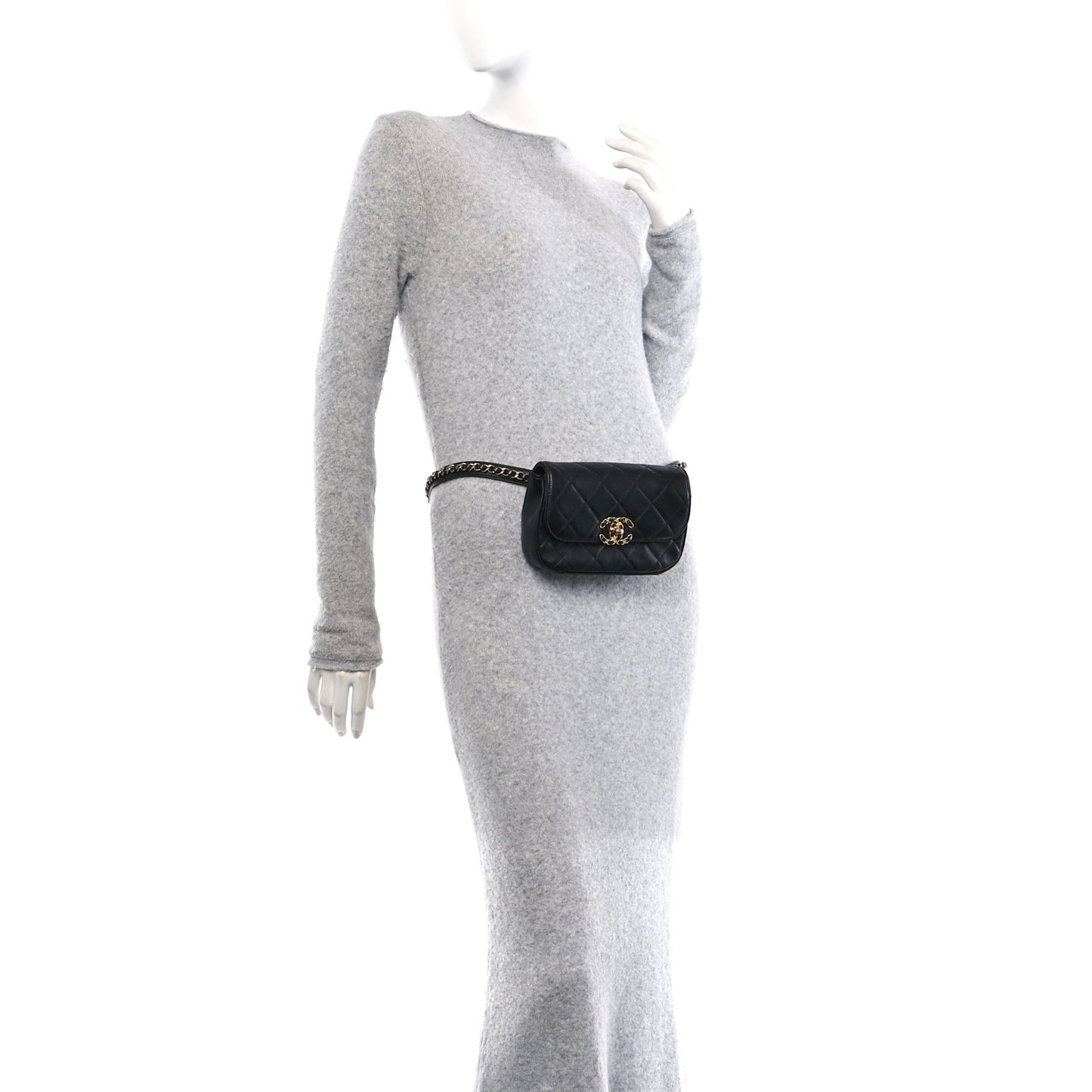 Lambskin Quilted Chain Infinity Waist Belt Bag Black