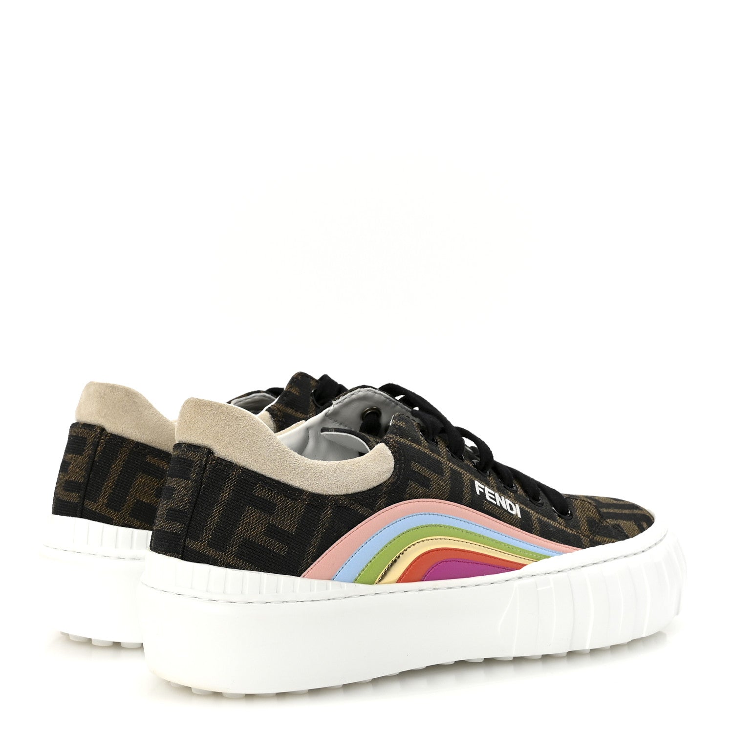Fendi Fabric Jacquard FF Rainbow Womens Fendi Force Low-Top Sneakers 38.5 Tobacco Black White Multicolor 5 of 9