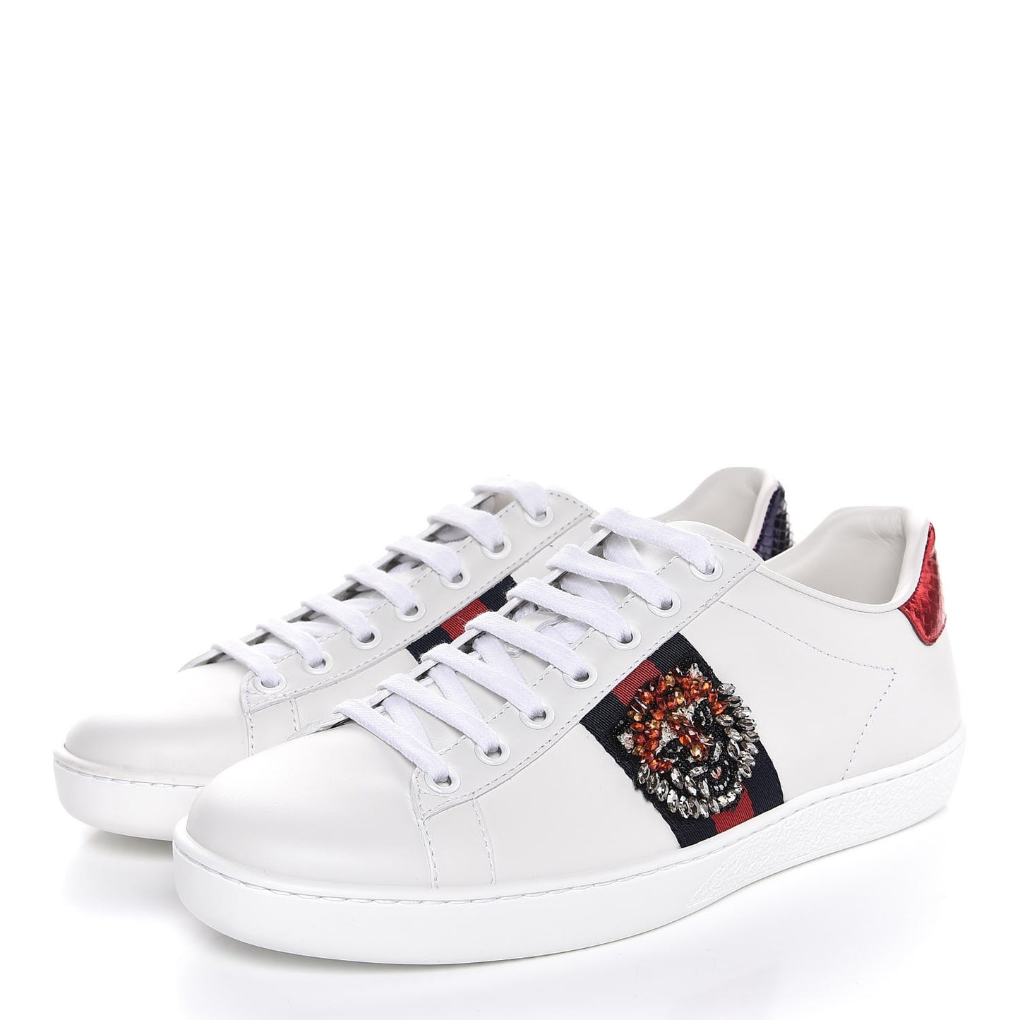 Calfskin Web Studded Feline Ace Sneakers 37 White