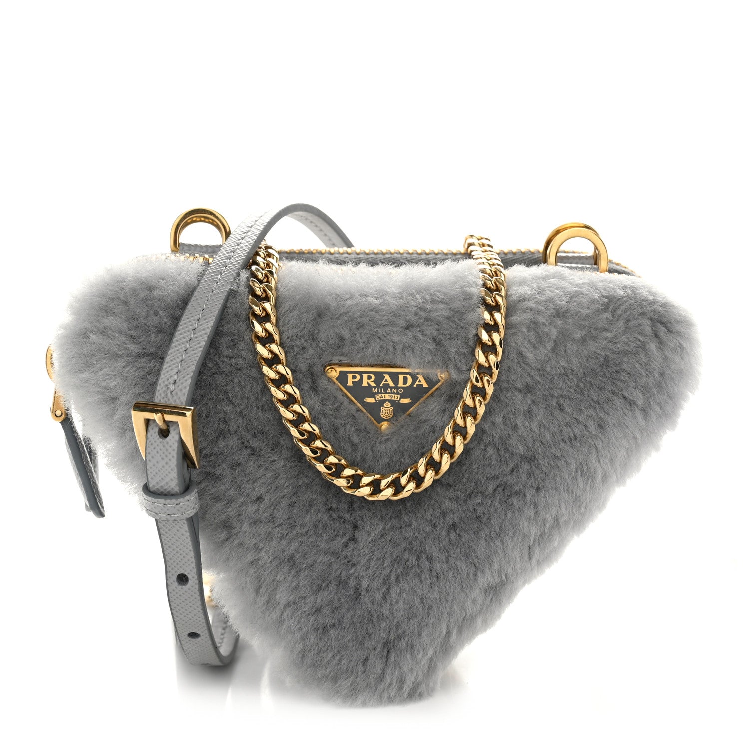 Prada Montone Shearling Saffiano Triangle Mini Pouch Fiordaliso 1 of 10