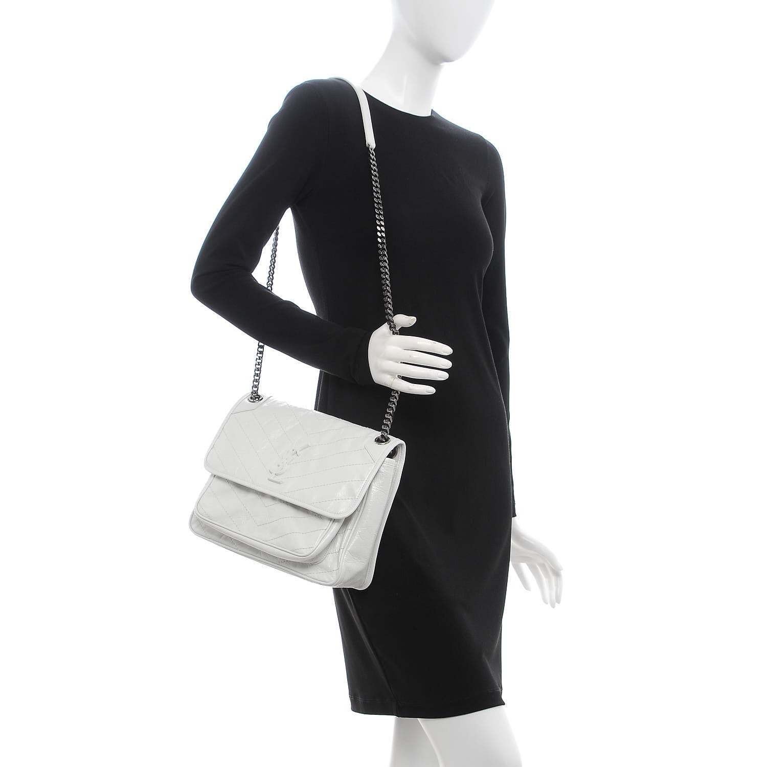 Saint Laurent Crinkled Calfskin Matelasse Monogram Medium Niki Chain Satchel Dirty White 3 of 11