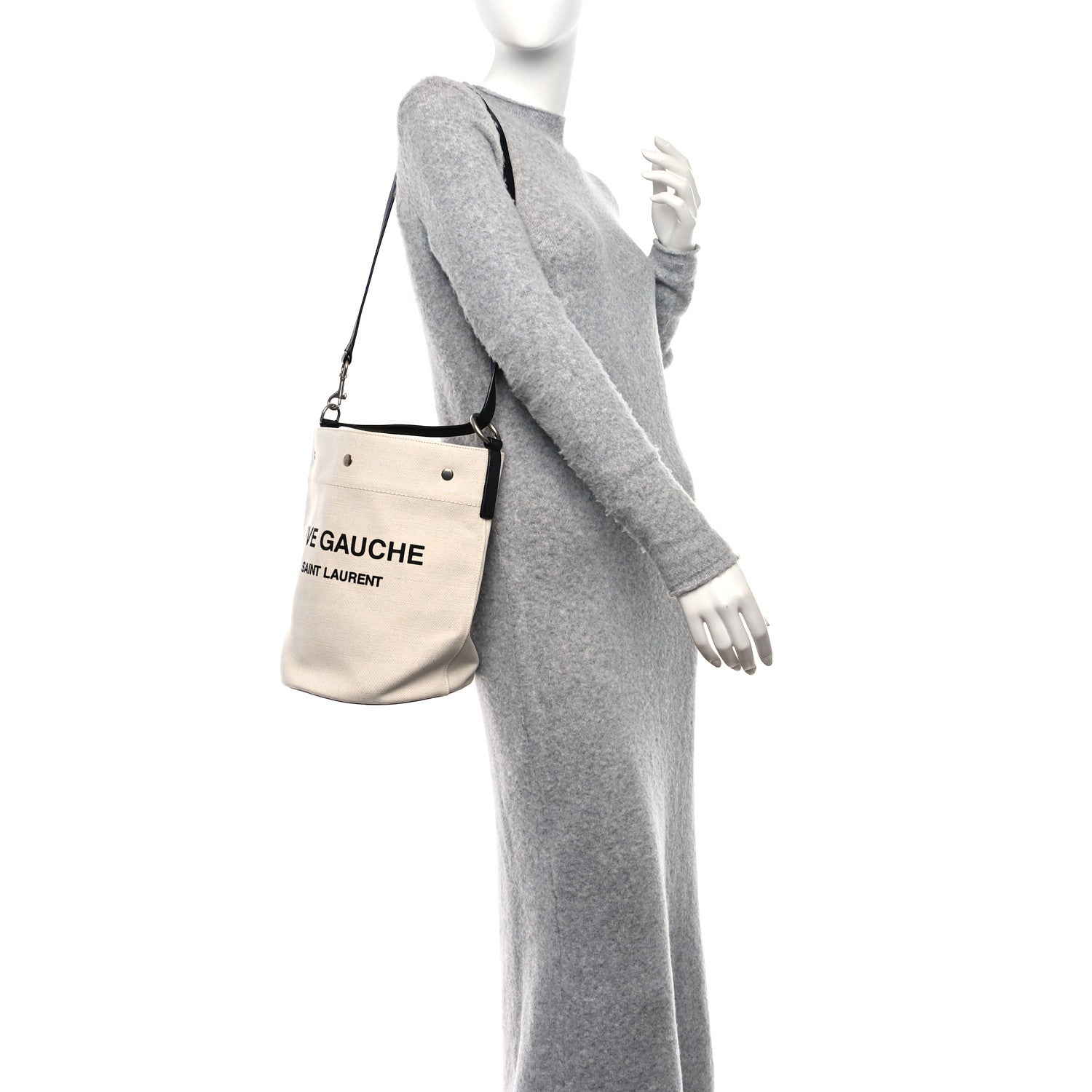 Saint Laurent Linen Calfskin Rive Gauche Bucket Bag Greggio Natural 2 of 10