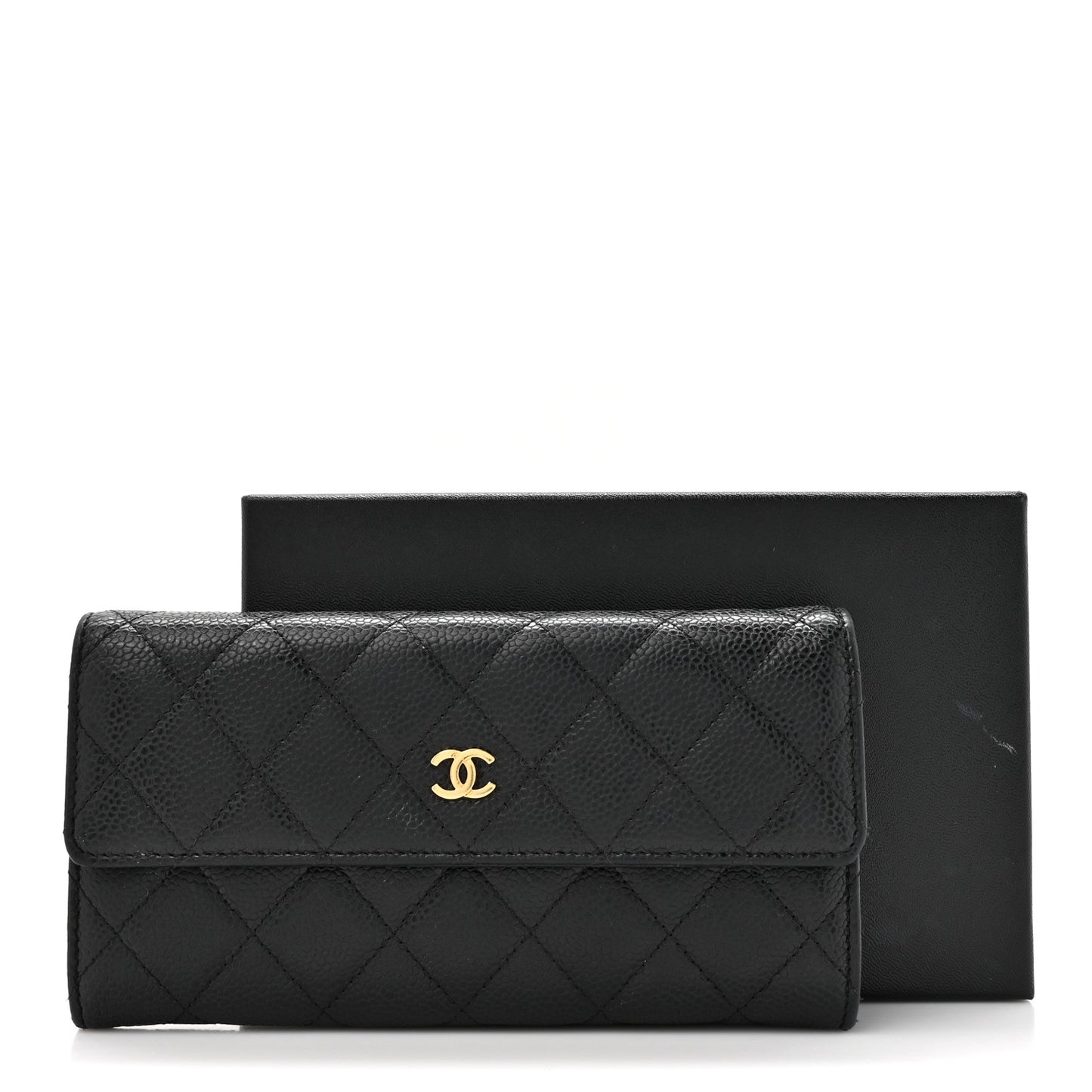 Caviar Quilted Large Gusset Flap Wallet Black