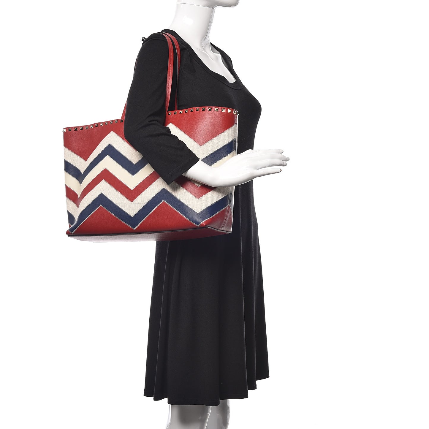 Calfskin Canvas Chevron Inlay Rockstud Shoulder Tote Red White Blue