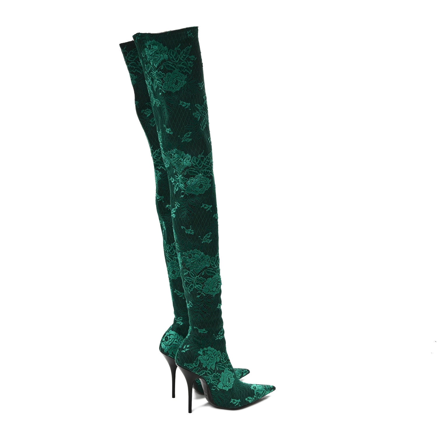Balenciaga Lace Spandex Pointed Toe Knife Thigh High Boots 38 Green 4 of 6