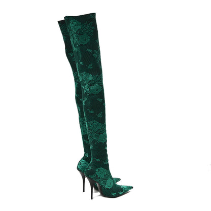 Balenciaga Lace Spandex Pointed Toe Knife Thigh High Boots 38 Green 4 of 6