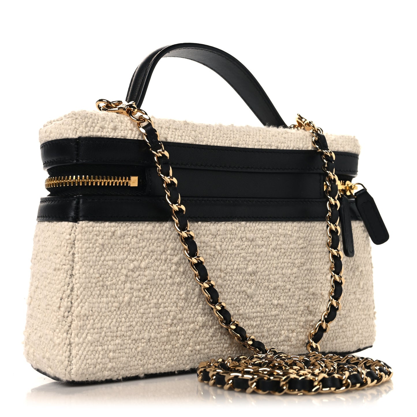 Boucle Calfskin Top Handle Slim Vanity Case With Chain Ecru Black