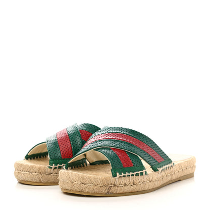 Gucci Malaga Kid Perforated Criss Cross Espadrille Slide Sandals 37 Emerald Hibiscus Red 3 of 10