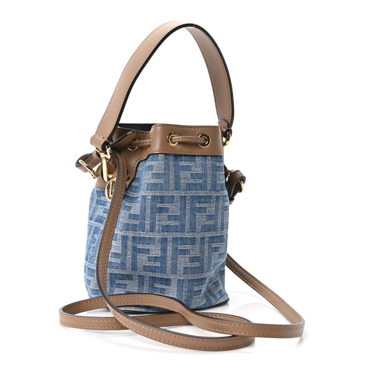 Denim Vitello King F is Fendi FF Embroidered Mini Mon Tresor Bucket Bag Denim Sand