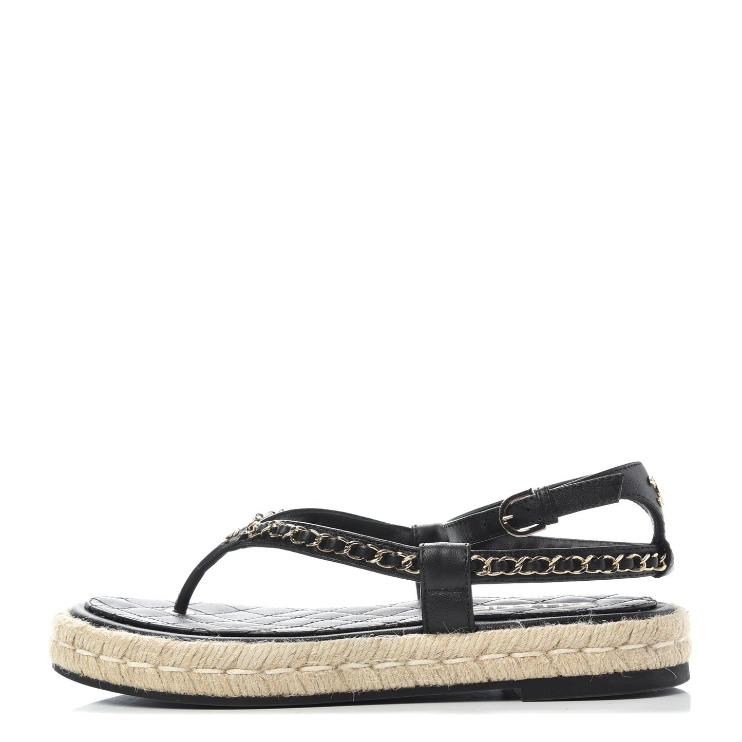 Lambskin Chain CC Thong Espadrille Sandals 38 Black