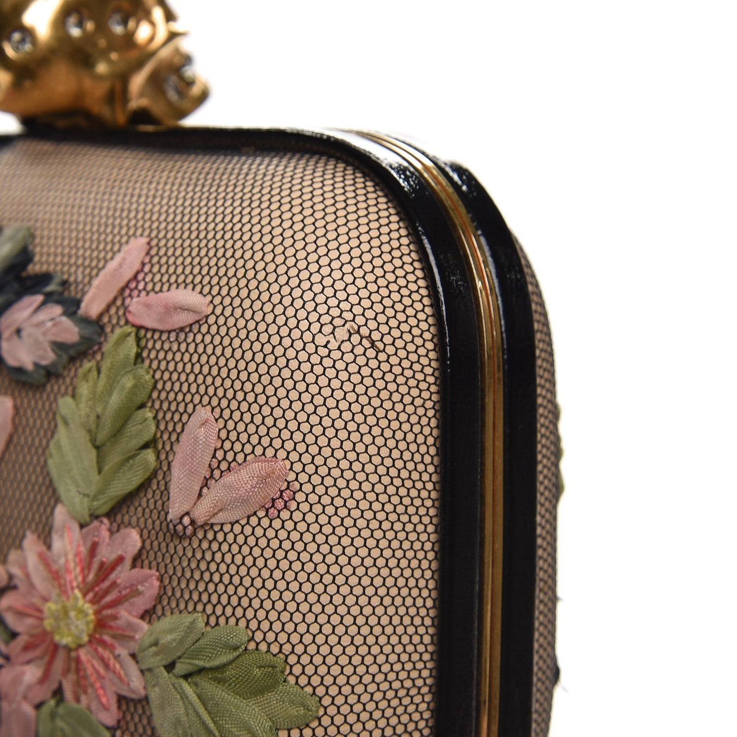 Alexander McQueen Calfskin Lace Embroidered Flower Skull Box Clutch 9 of 10