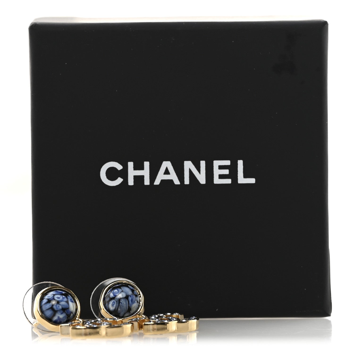 Chanel Crystal Stone CC Drop Earrings Blue Gold 5 of 5