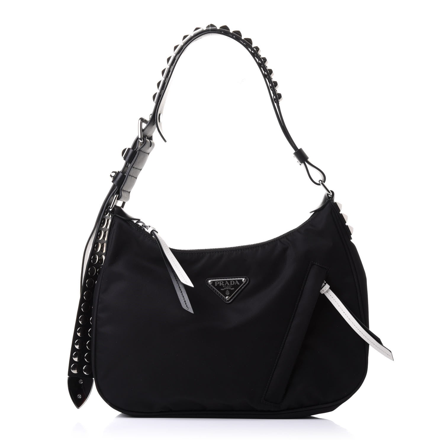 Prada Tessuto Nylon Studded New Vela Hobo Black White 1 of 11