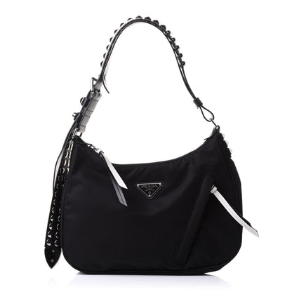 Prada Tessuto Nylon Studded New Vela Hobo Black White 1 of 11