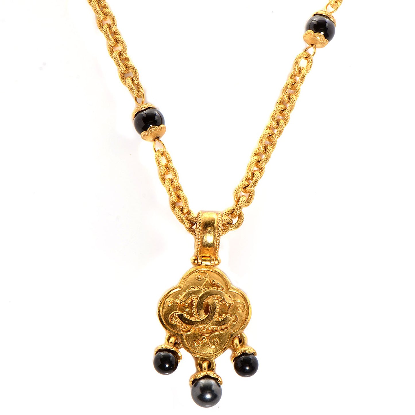 CC Bead Long Necklace Black Gold