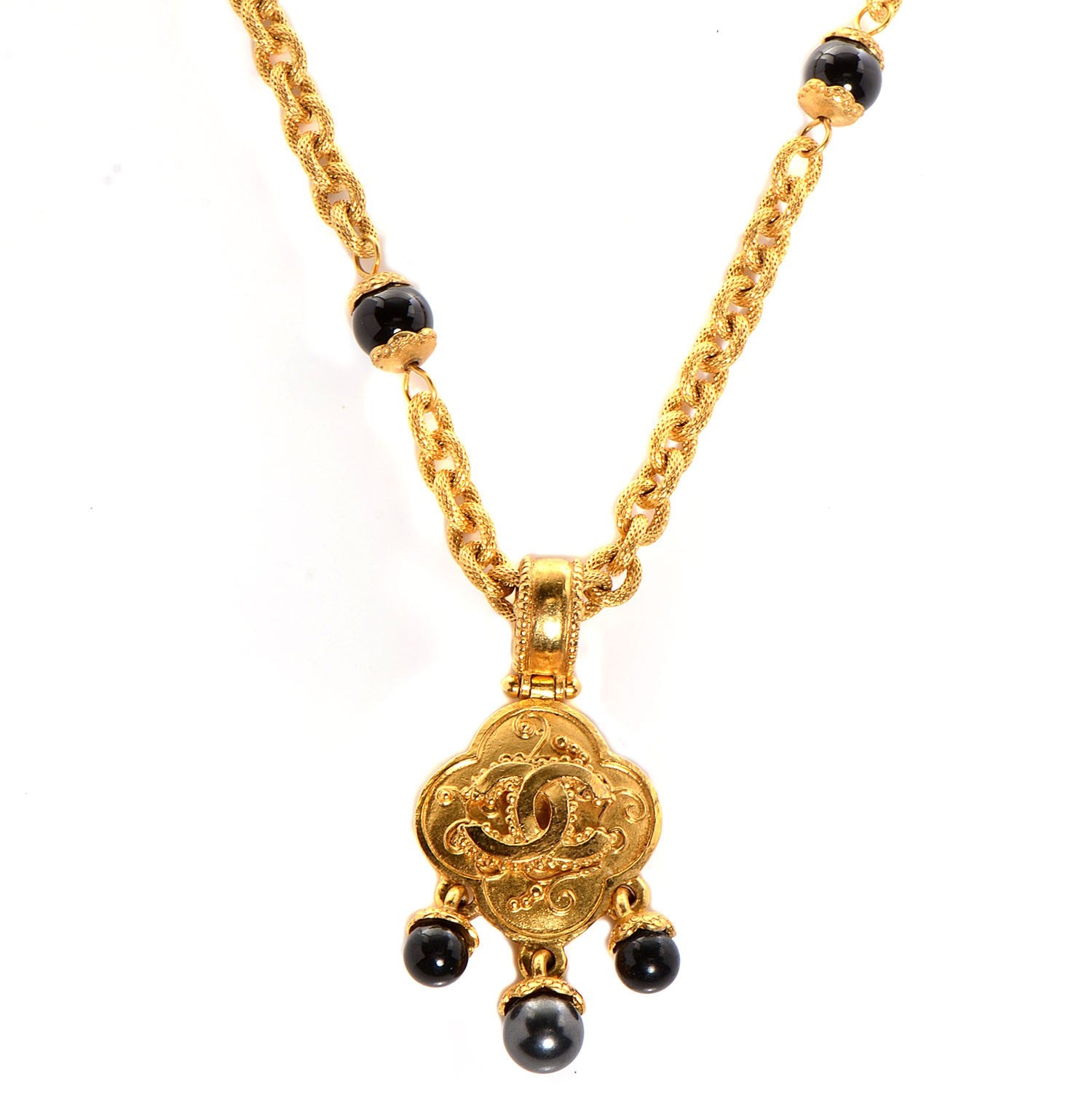 Chanel CC Bead Long Necklace Black Gold 1 of 6