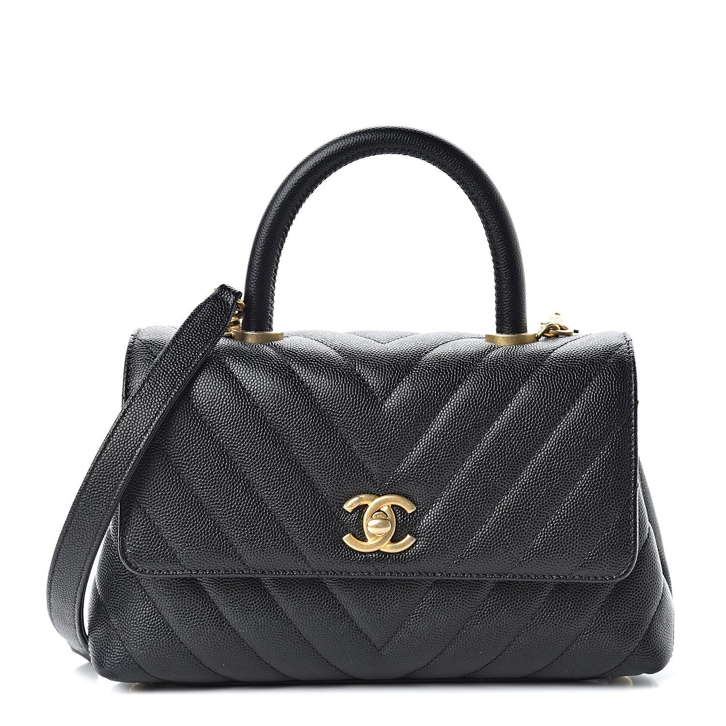 Caviar Chevron Quilted Mini Coco Handle Flap Black