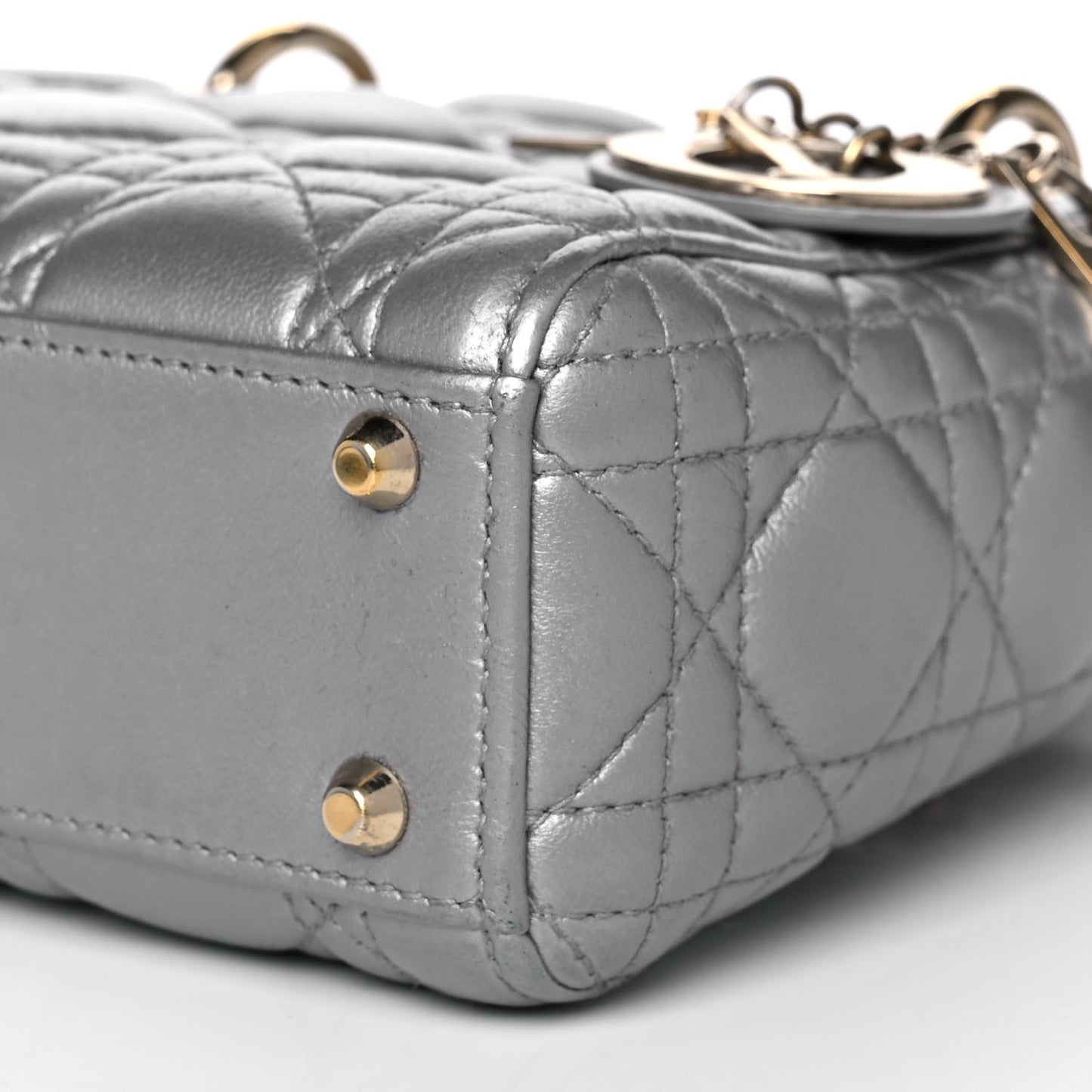 Metallic Lambskin Cannage Mini Lady Dior Grey