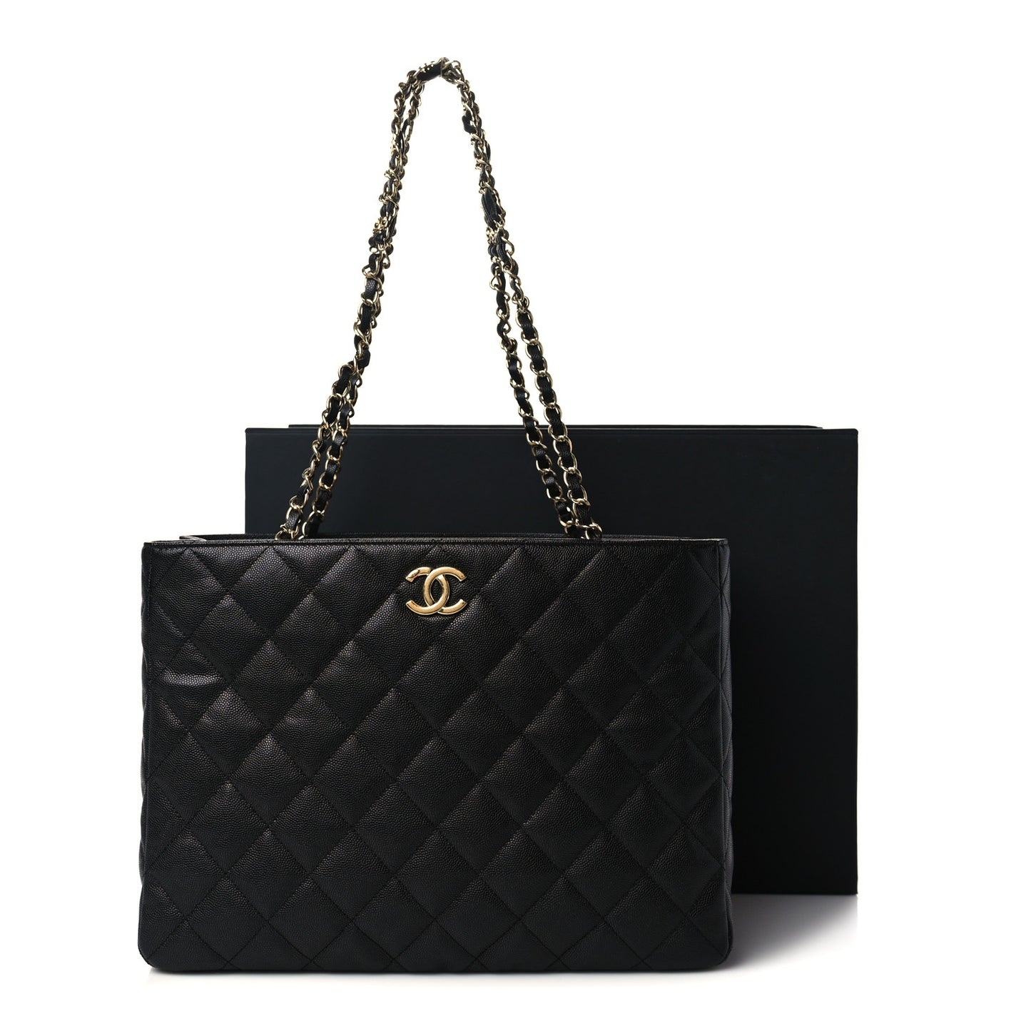 Caviar Quilted Large Classic Shopping Tote Black