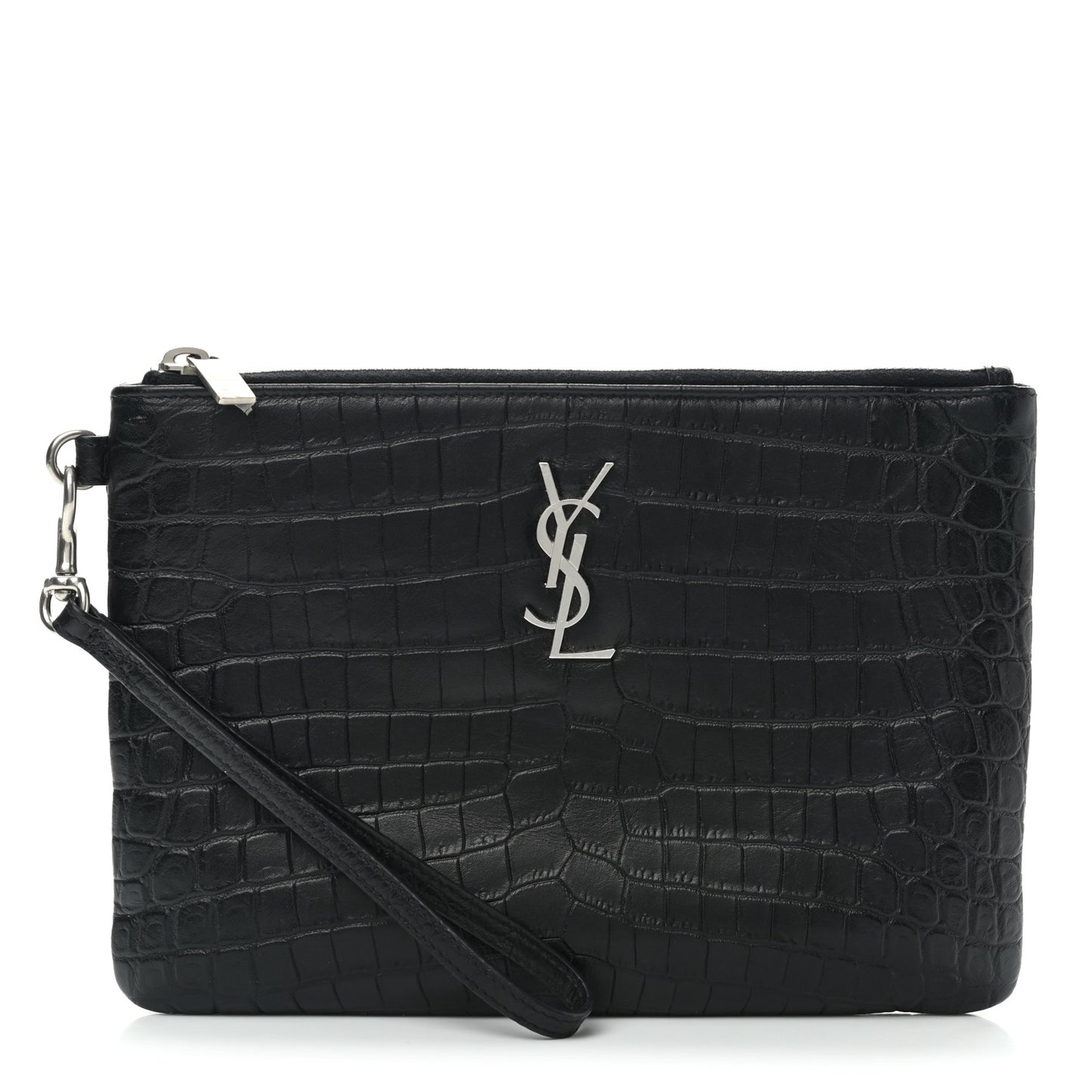 Calfskin Crocodile Embossed Monogram Zip Pouch Black