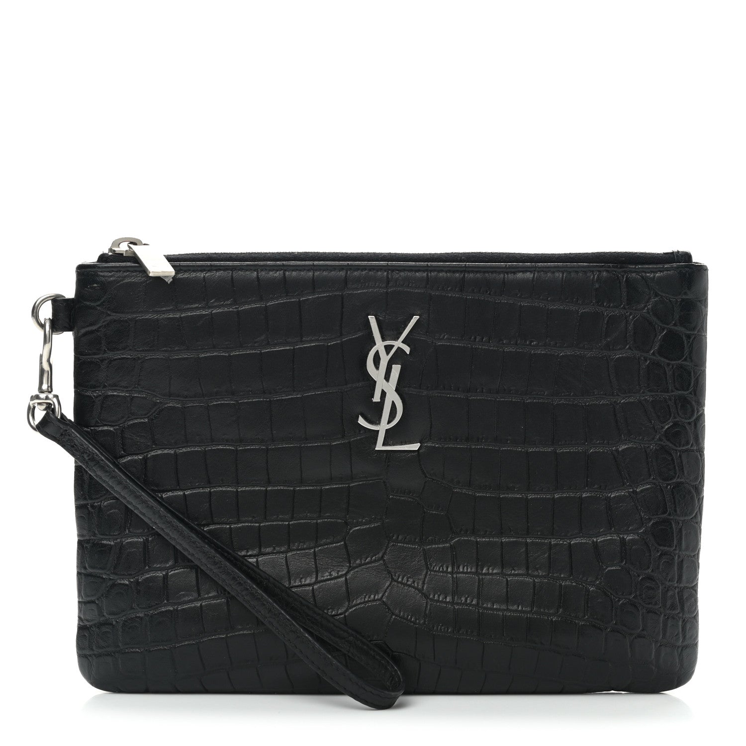 Saint Laurent Calfskin Crocodile Embossed Monogram Zip Pouch Black 1 of 8