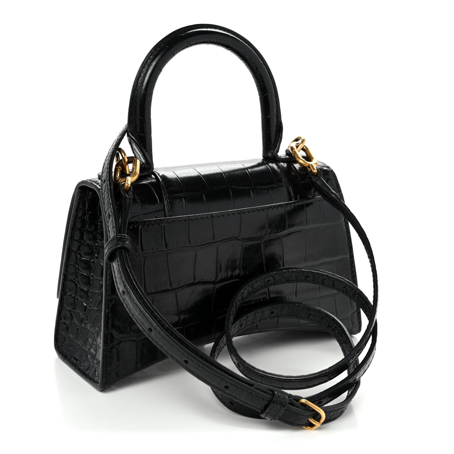 Balenciaga Shiny Calfskin Crocodile Embossed Hourglass Top Handle Bag XS Black 3 of 11