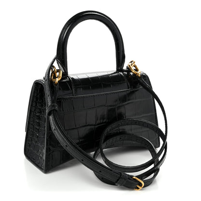 Balenciaga Shiny Calfskin Crocodile Embossed Hourglass Top Handle Bag XS Black 3 of 11